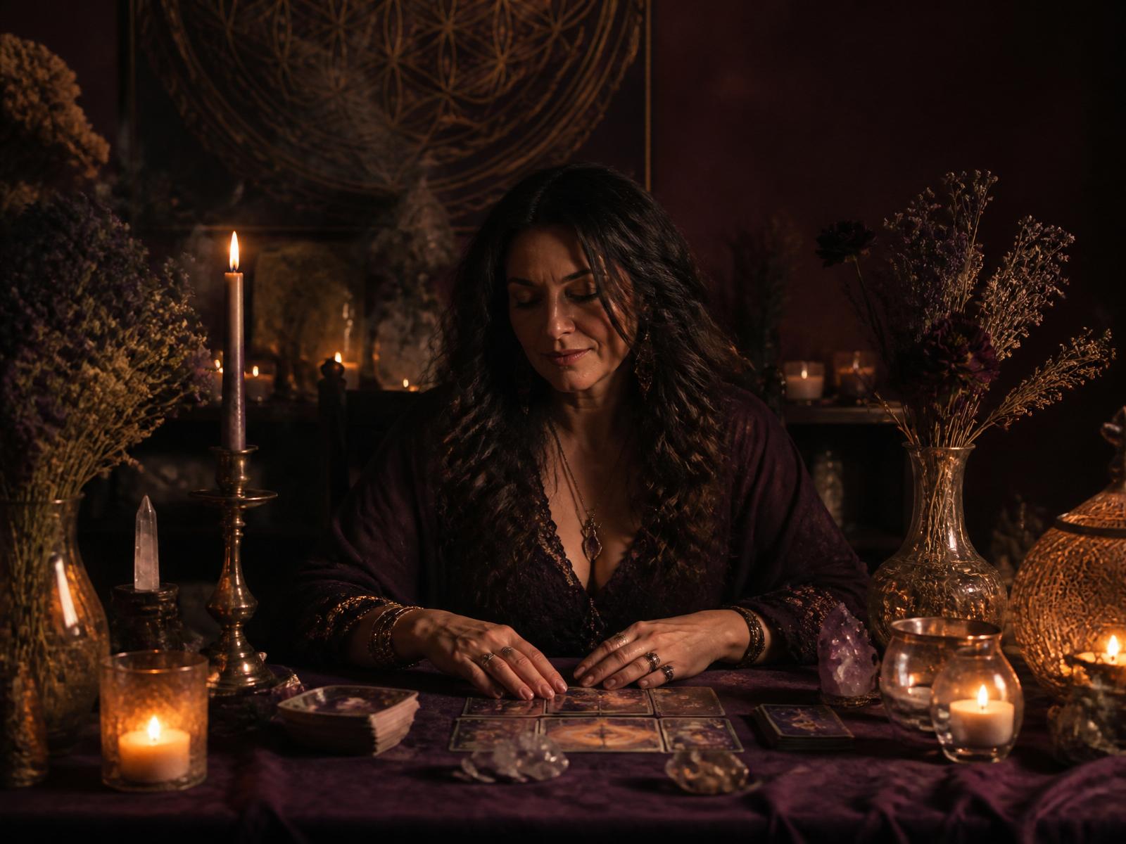 Maestra espiritual junto a velas, cartas y cuarzos