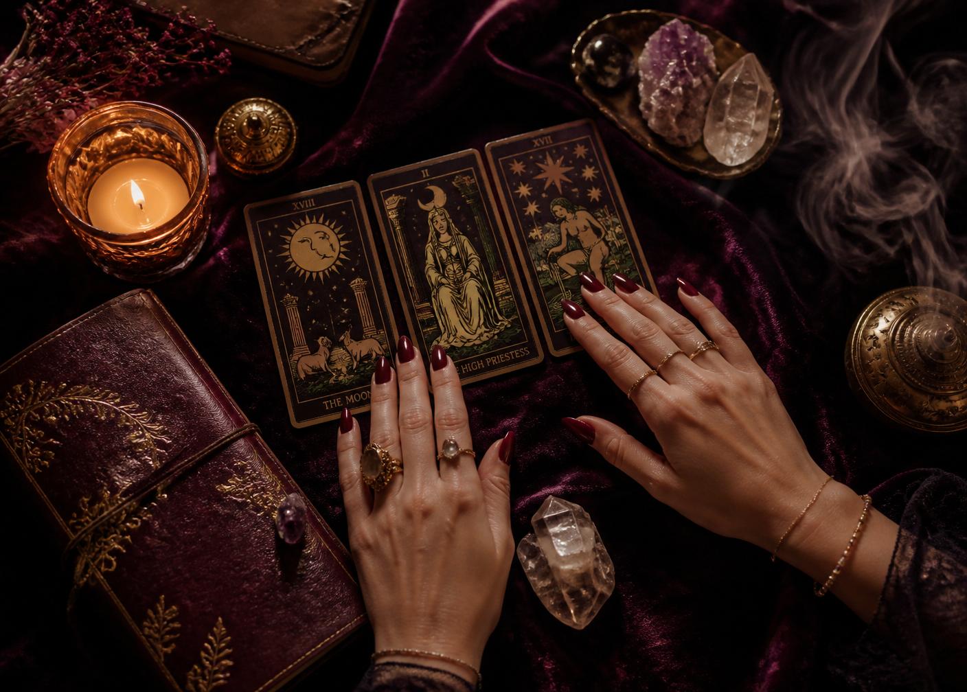 Manos femeninas sobre cartas y cuarzos