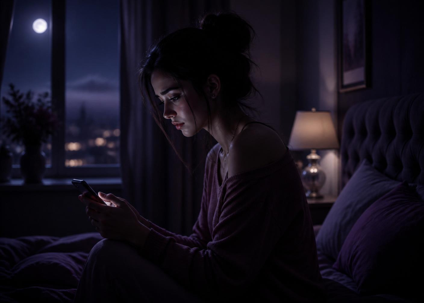 Mujer mirando el celular con luz de luna